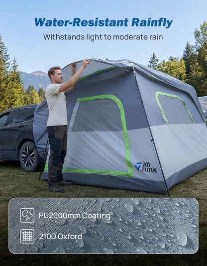 JOYTUTUS SUV Tent for Camping with Rainfly 2026 Upgrade, Strong Four Steel Frame Poles, 5-9 Person Big Car Tent with Ventilated Double Door, Movie Screen, 8' W X 10' L X 7' H, Fit for SUV CUV Van
