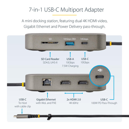 StarTech.com 7-in-1 USB C DisplayLink Dual Monitor Docking Station, 4K 60Hz HDMI Dock for MacBook M1 M2 M3 M4 & Windows, USB 10Gbps Hub, Gigabit Ethernet, SD, 100W PD, 22in (56cm) Cable