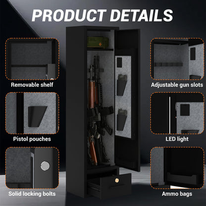 Rifle & Pistol Gun Safe, Quick Access with Fingerprint Lock & Backlit Digital Keypad, Heavy Duty Gun Cabinet with Removable Shelves, Pistol Pockets & Dual Alarm - Home Security Shotgun Locker