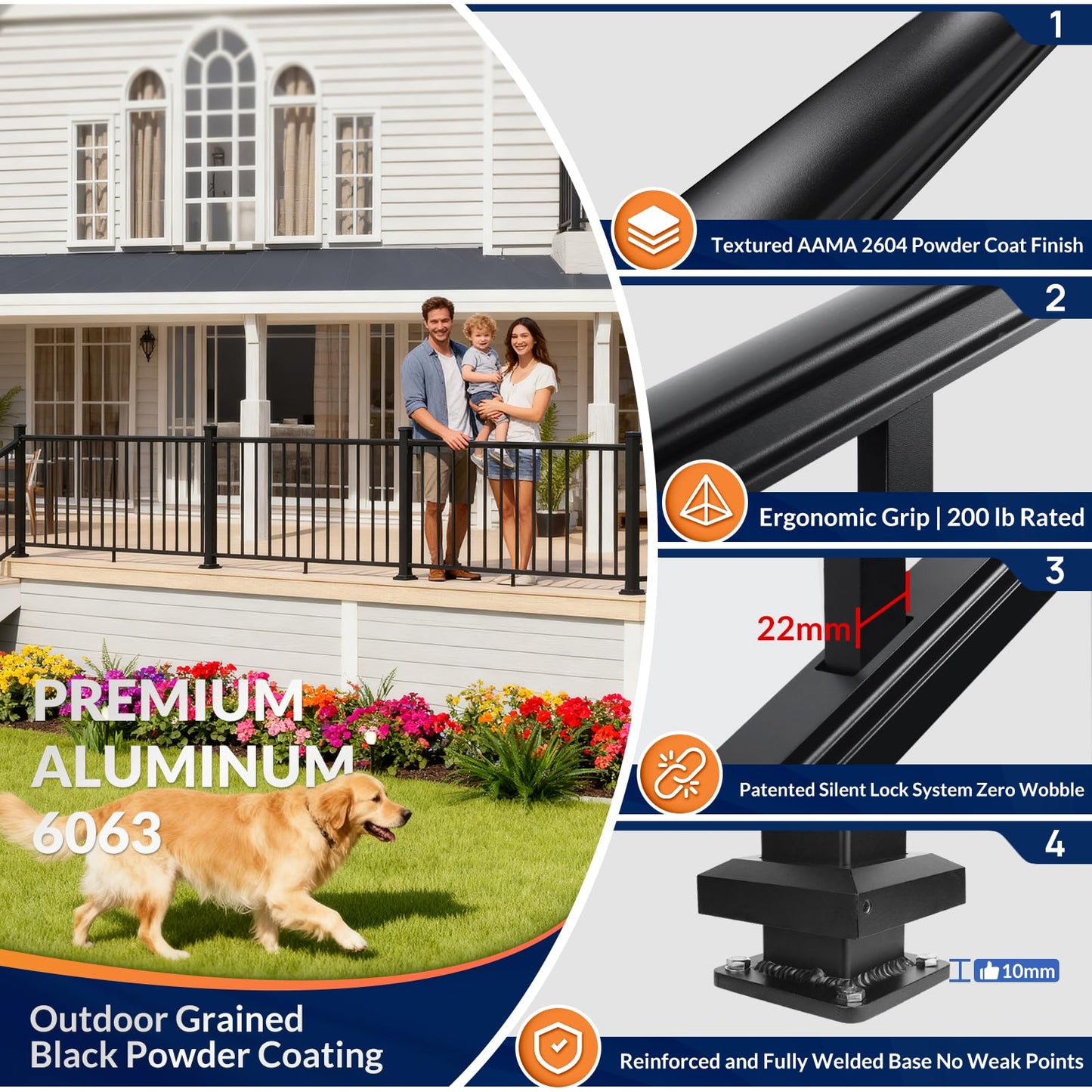 Egadis 36 in. H x 8 ft. W Black Deck Railing Kit with 2 Post, Textured AAMA 2604 Powder-Coat Finish Modular Aluminum Railing System for Outdoor Decks, Porches & Balconies(1 Panel, 2 Post)