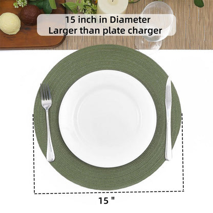 SHACOS Round Placemats Set of 8 Washable 15 inch Round Table Mats Cotton Polyester Woven Braided Place Mats for Dining Table Wedding Party Decor (Olive Green, 8)