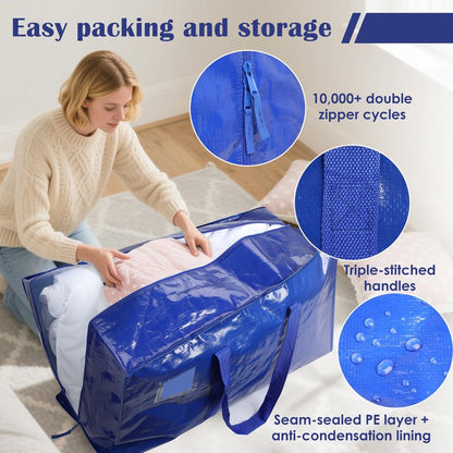 RMOHRO 12 Pack Moving Bags with Full-Open Side Zipper, Extra Large 93L Heavy Duty Waterproof Foldable Storage Totes for College Dorm, Moving & Home Organization Blue