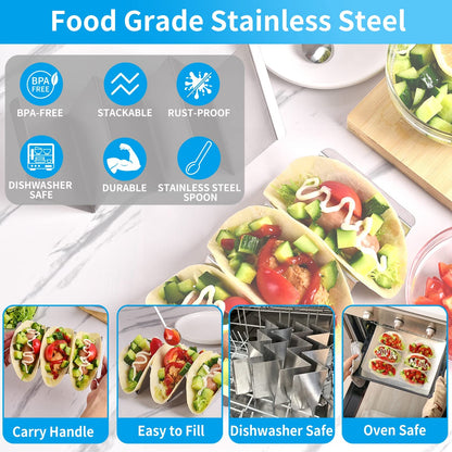 GEIKR Stainless Steel Taco Holders Set of 12 - Each Metal Taco Stands for 3 Tacos - Taco Rack with Handles - Stylish Taco Shell Holders - Oven & Dishwasher & Grill Safe Taco Trays