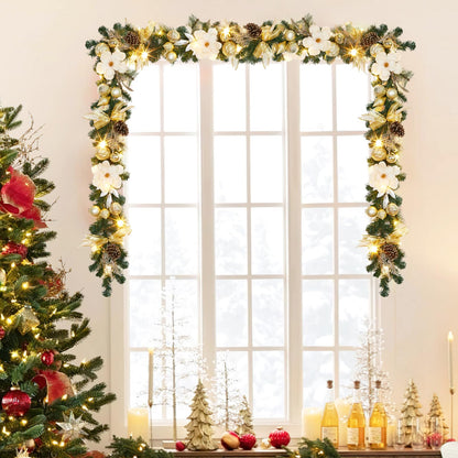 Christmas Garland with Lights, 6ft Prelit Outdoor Christmas Garland with Timer 20 LED Lights Pinecones Rose Gold Ball Ornaments for Mantle Fireplace Stairs Railing Indoor Decorations, Battery Operated
