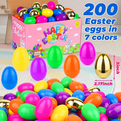 NAWITDA 200 Pack 3 Inch Large Easter Eggs Bulk Include 6 Surprise Golden Eggs, Bright Colors Fillable Empty Plastic Easter Egg for Easter Hunt, Easter Basket Fillers, Easter Party Favors