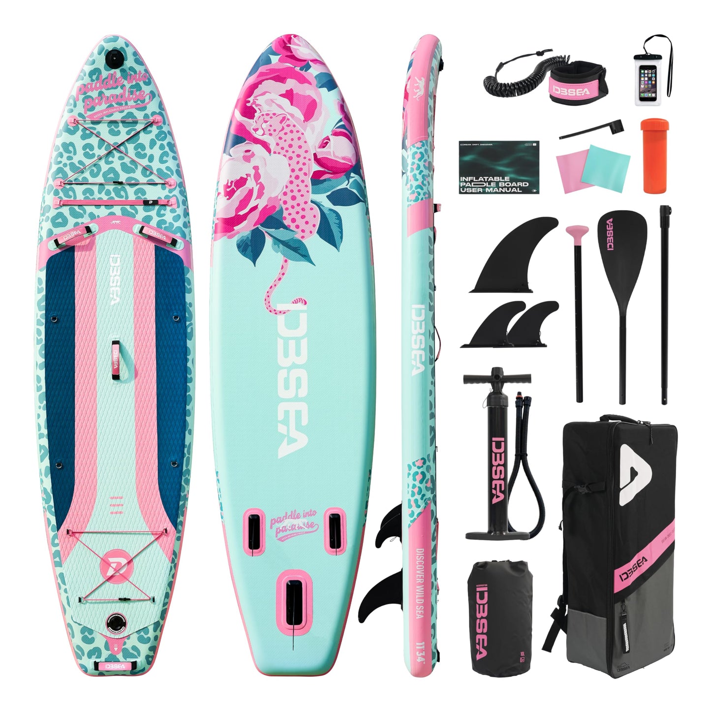 D3SEA 11 ft Inflatable Paddle Board with SUP Accessories, Extra Long Non Slip EVA Deck, Extra Wide iSUP, All Around Paddleboard for Adults &Youth (Seafoam Green Pink Leopard, 11' × 34" × 6")