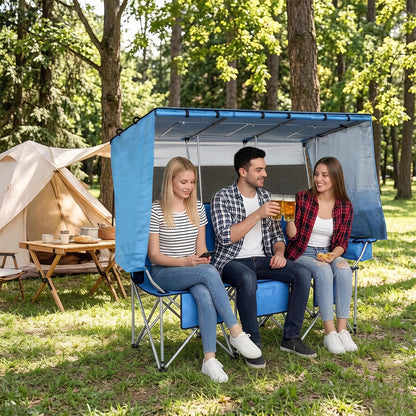 BDL 3 Person Camping Chair with Canopy Shade, Oversized Heavy Duty Camping Chair with Cup Holders & Ice Bag Portable Family Folding Chair for Outdoor, Lawn & Sports,Blue