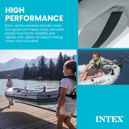 INTEX 68376EP Mariner 4 Inflatable Boat Set: Includes Deluxe 54in Boat Oars and High-Output Pump – Wear-Resistant Keel – Removable Fishing Rod Holders – 4-Person – 1100lb Weight Capacity