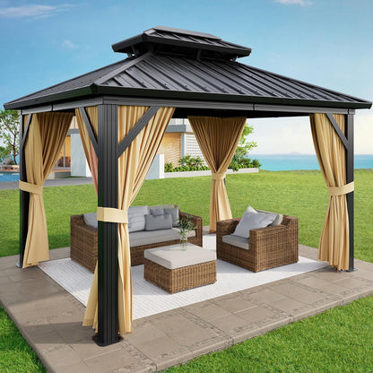 All-Weather 10' x 12' Hardtop Aluminum Gazebo with Double Metal Roof, Netting & Curtains – Permanent Outdoor Pavilion Pergolas for Patio, Deck, Garden & Backyard, Khaki