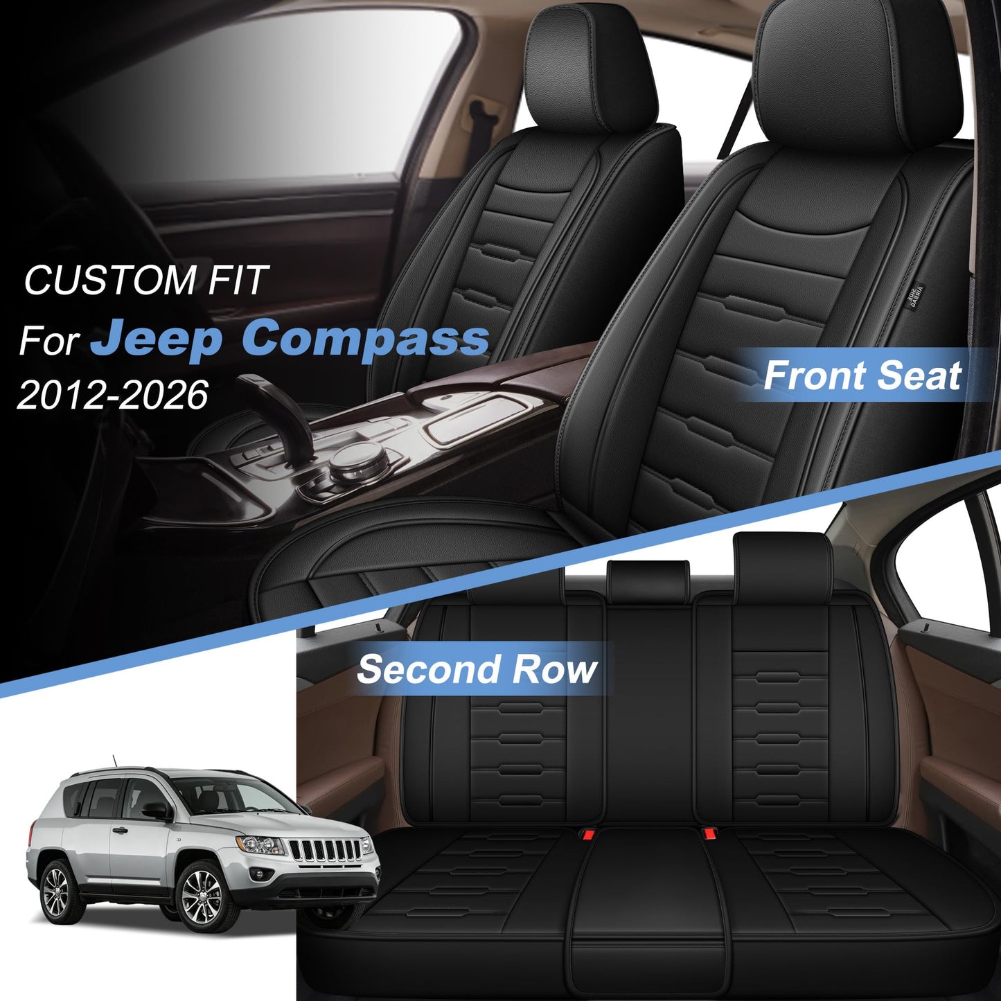 AOMSAZTO Leather Seat Covers Full Set Fit for Jeep Compass 2012-2026,Waterproof Faux Leather Seat Protectors for 5-Seat Vehicles(Black)