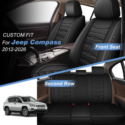 AOMSAZTO Leather Seat Covers Full Set Fit for Jeep Compass 2012-2026,Waterproof Faux Leather Seat Protectors for 5-Seat Vehicles(Black)