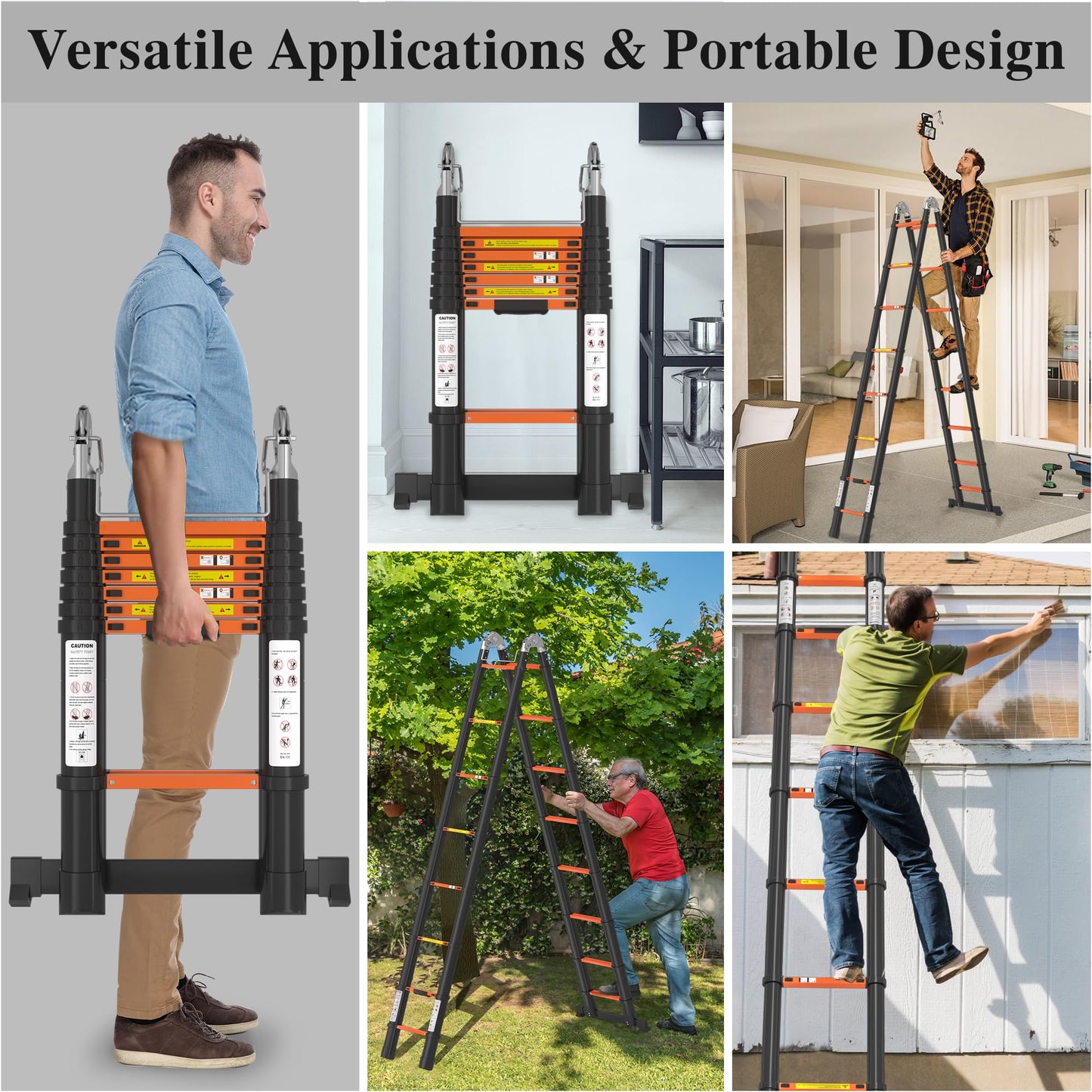 A-Frame Aluminum Telescopic Extension Ladder with Non-Slip Feet, 16.5FT Rv Telescope Foldable Extendable Compact Ladders for House Roof Travel Trailers, Adjustable Retractable, 330lbs Capacity