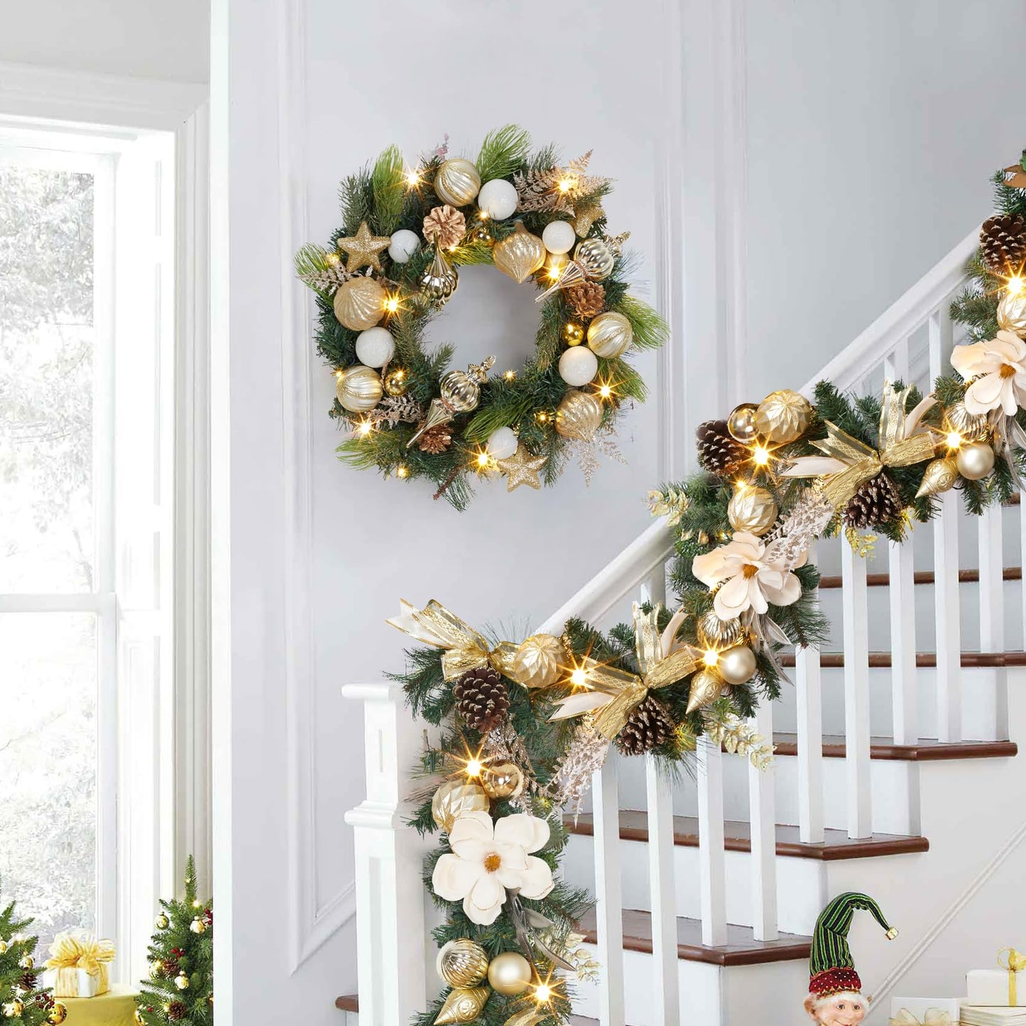 Christmas Garland with Lights, 6ft Prelit Outdoor Christmas Garland with Timer 20 LED Lights Pinecones Rose Gold Ball Ornaments for Mantle Fireplace Stairs Railing Indoor Decorations, Battery Operated