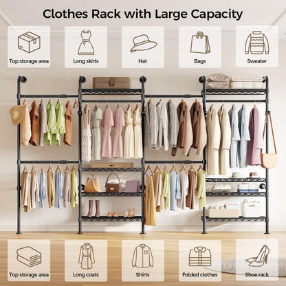 Closet Organizers and Storage, 4-Row Heavy Duty Clothes Rack for Hanging Clothes, Wall Mounted Closet System with 4 Telescopic Rods, 2 Fixed Rods, 5 Hooks, 8 Shelves for Wardrobe, Bedroom, Small Space