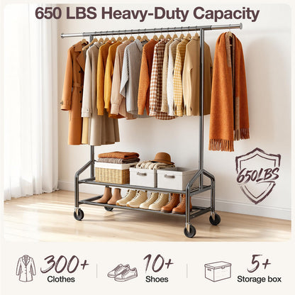 WATIOWL Heavy Duty Clothes Rack, Rolling Clothing Rack Load 650 LBS for Hanging Clothes with 2 Sturdy Shelves, Metal Garment Rack with Wheels for Bedroom, Laundry Room, Retail Store, Black