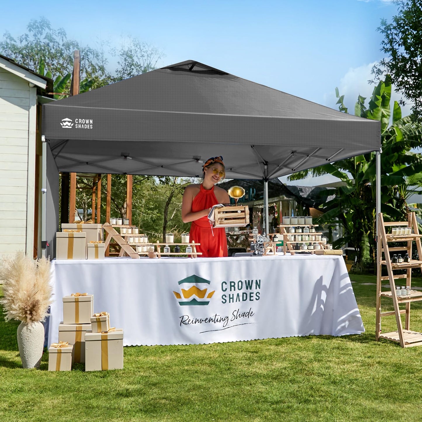 CROWN SHADES Pop Up Canopy with 1 Side Wall - Beach Tent with One Push Setup - Outdoor Sun Shade for Events, Parties, Camping - Gazebo with STO-N-Go Cover Bag, Grid Grey, 12x12FT