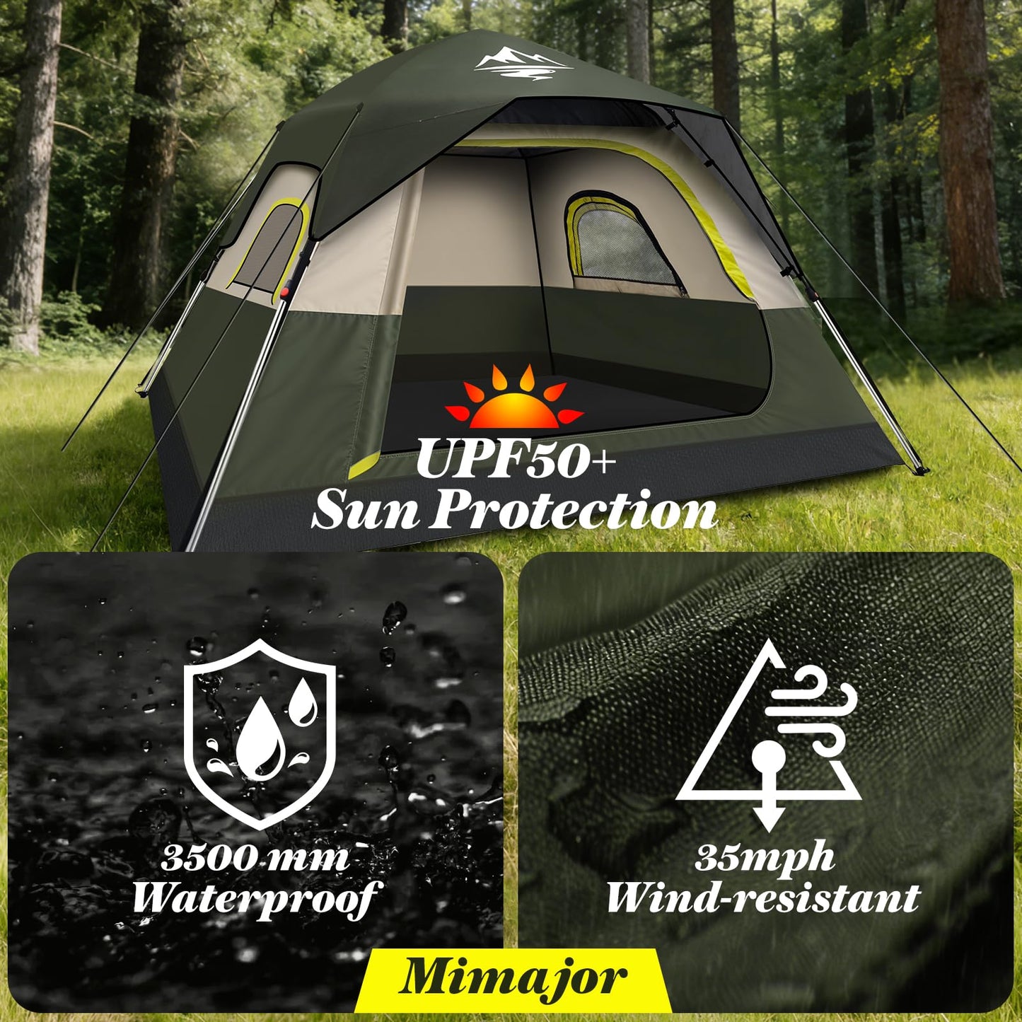 4 Person Instant Camping Tent - Waterproof Pop Up Tents for Camping with Rainfly, Large Family Tent with Pre-Attached Poles, 60S Easy Setup, Upgraded Ventilation with Welcome Mat