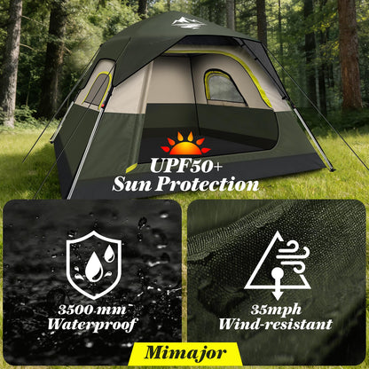 4 Person Instant Camping Tent - Waterproof Pop Up Tents for Camping with Rainfly, Large Family Tent with Pre-Attached Poles, 60S Easy Setup, Upgraded Ventilation with Welcome Mat