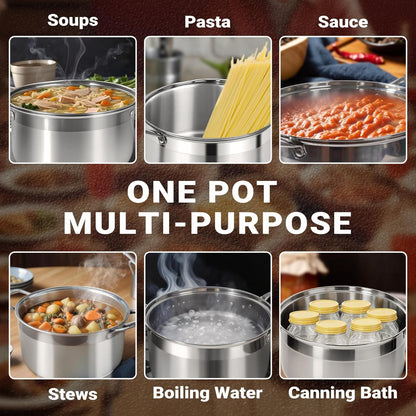 Kirecoo Stainless Steel Stock Pot - 12 Quart Heavy-Duty Nonstick Cooking Pot with Visible Lid | Ideal for Pasta, Soup, and Canning