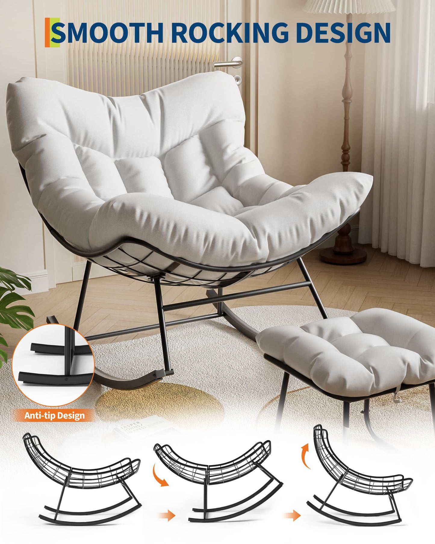 GarveeLife Outdoor Oversized Papasan Rocking Chair with Footrest, Patio Lounge Chair with Ottoman and Sturdy Metal Frame, Patio Egg Rocker for Balcony Backyard Porch Bedroom, White