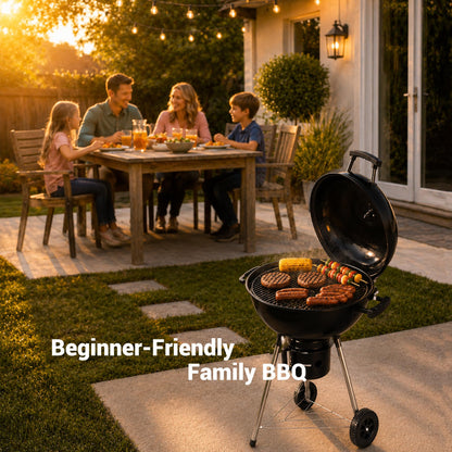 18-Inch Kettle Charcoal Grill with Cover & Wheels, Beginner-Friendly BBQ Grill for Backyard, Patio & Family Cookouts, Easy-to-Use Outdoor Charcoal Grill with Ash Catcher