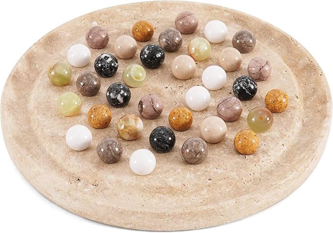 Marble Solitaire Game 10 Inch Travertine Handmade Peg Solitaire Board Game with Marbles Classic Marble Puzzle Game for Adults Modern Tabletop Brain Teaser
