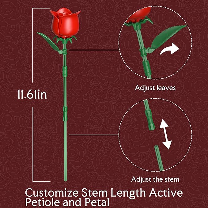 Red Rose Flowers Bouquet Building Set - Valentine's Day Gift Compatible with Lego Flowers for Adults Women Collection Christmas Mother's Day Valentine's Gifts Home Decor