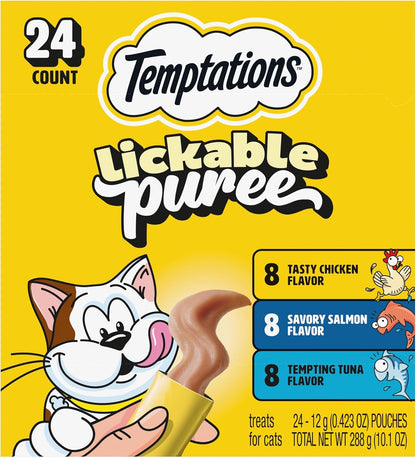 Temptations Creamy Puree Cat Treats - Lickable Chicken, Salmon & Tuna Variety Pack | 24 Tubes, 0.42 oz Each