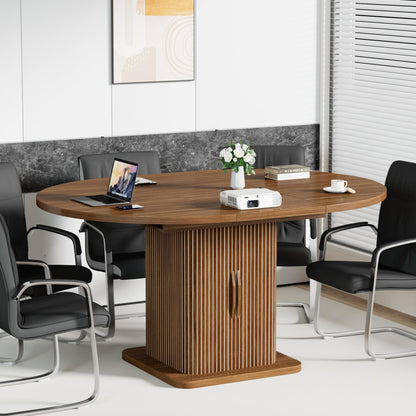 Extendable Round Conference Table for 4-8 People, 43in-59in Modern Oval Meeting Room Table with Storage, Fluted Wood Slide Doors, Small Compact, Office, Training, Conference Room, Walnut