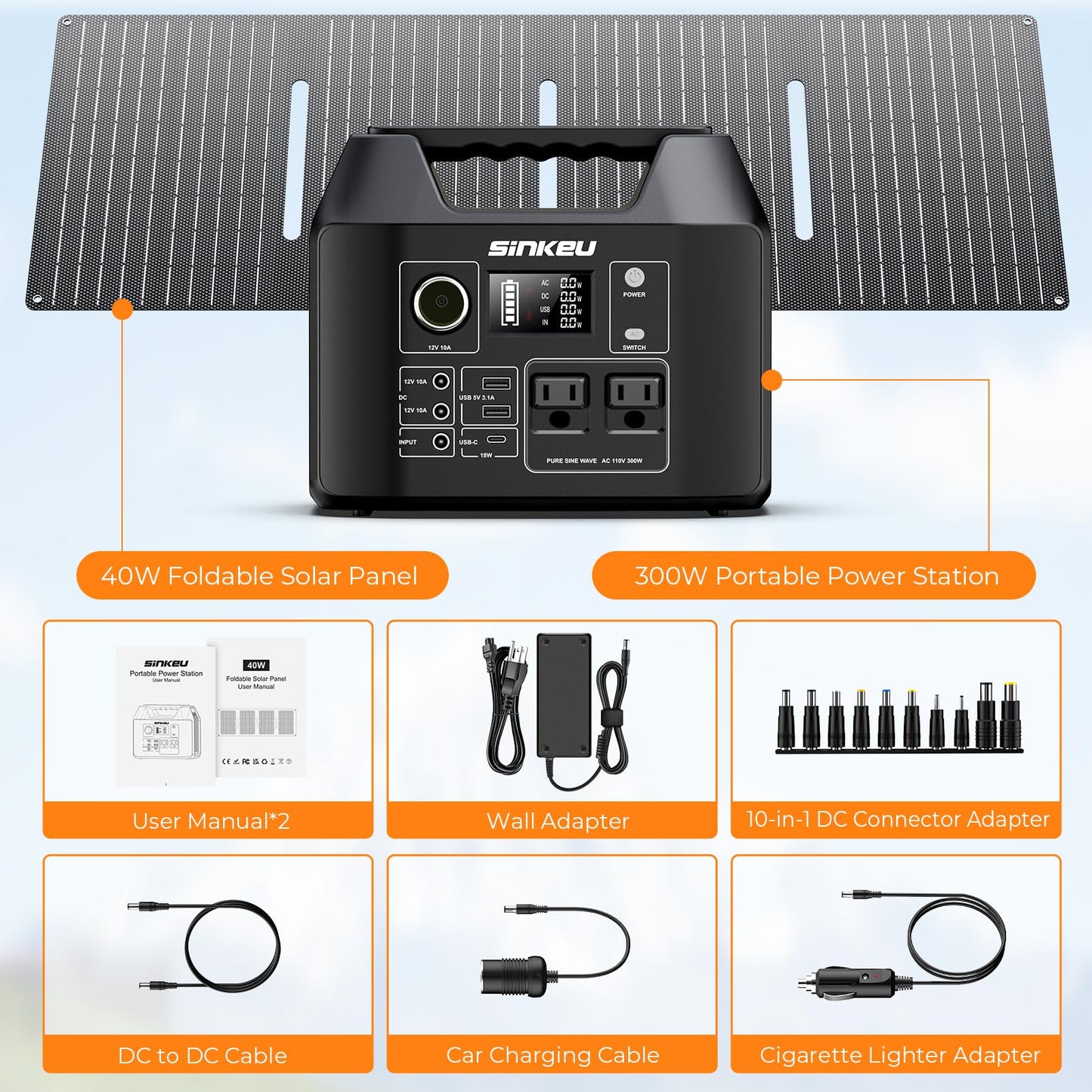 SinKeu Solar Generator with Panels Included - 300W Portable Power Station with 40W Solar Panel,256Wh (80000mAh) LiFePO4 Battery with USB DC AC Outlets for Home, Laptop, RV, Hurricane, Camping