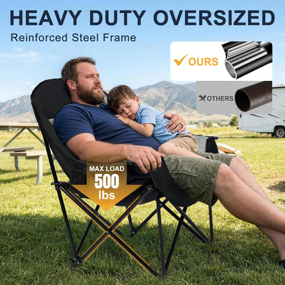Oversized Camping Chairs for Adult - Heavy Duty Padded Portable Folding Chair XL Collapsible Camp Chair with Cup Holder Side Pocket for Outdoor Lawn Beach Sport Fishing Support 500LBS, Grey