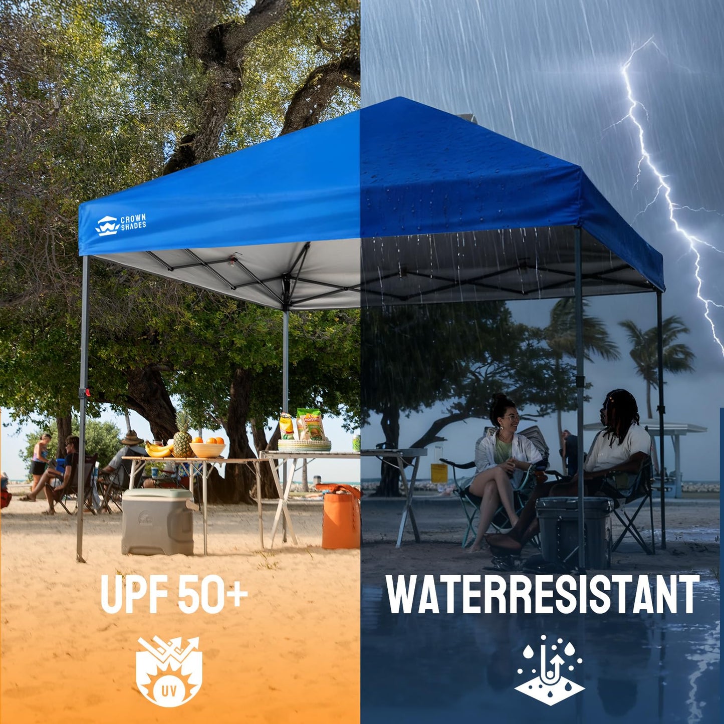 CROWN SHADES 10x10 Pop Up Canopy Tent - Patented Center Lock One Push Instant Outdoor Canopy Beach Tent with STO-N-Go Bag 8 Stakes & 4 Sand Bags，Blue
