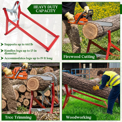 Moxweyeni Heavy Duty Steel Log Holder for Cutting Firewood, Folding Chainsaw Sawhorse Stand with Locking Chain & Safety Gloves, Log Cutting Stand for Woodworking, Fits Logs up to 13" Diameter