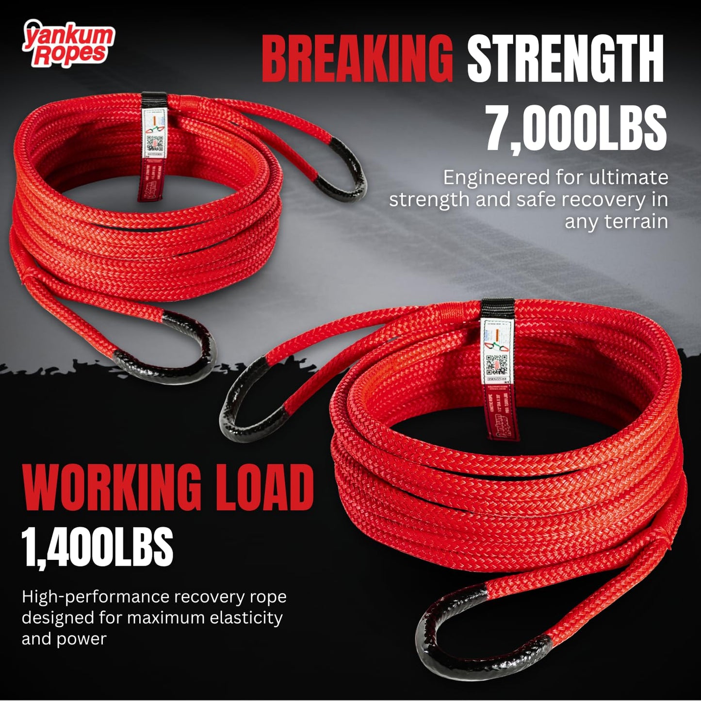 Yankum Kinetic Recovery Rope - Heavy Duty 1/2" x 30' Tow Rope, Off-Road & Vehicle Recovery, Kinetic Energy Ropes for 4x4, Jeep, and Trucks, Made in USA – Racer Series