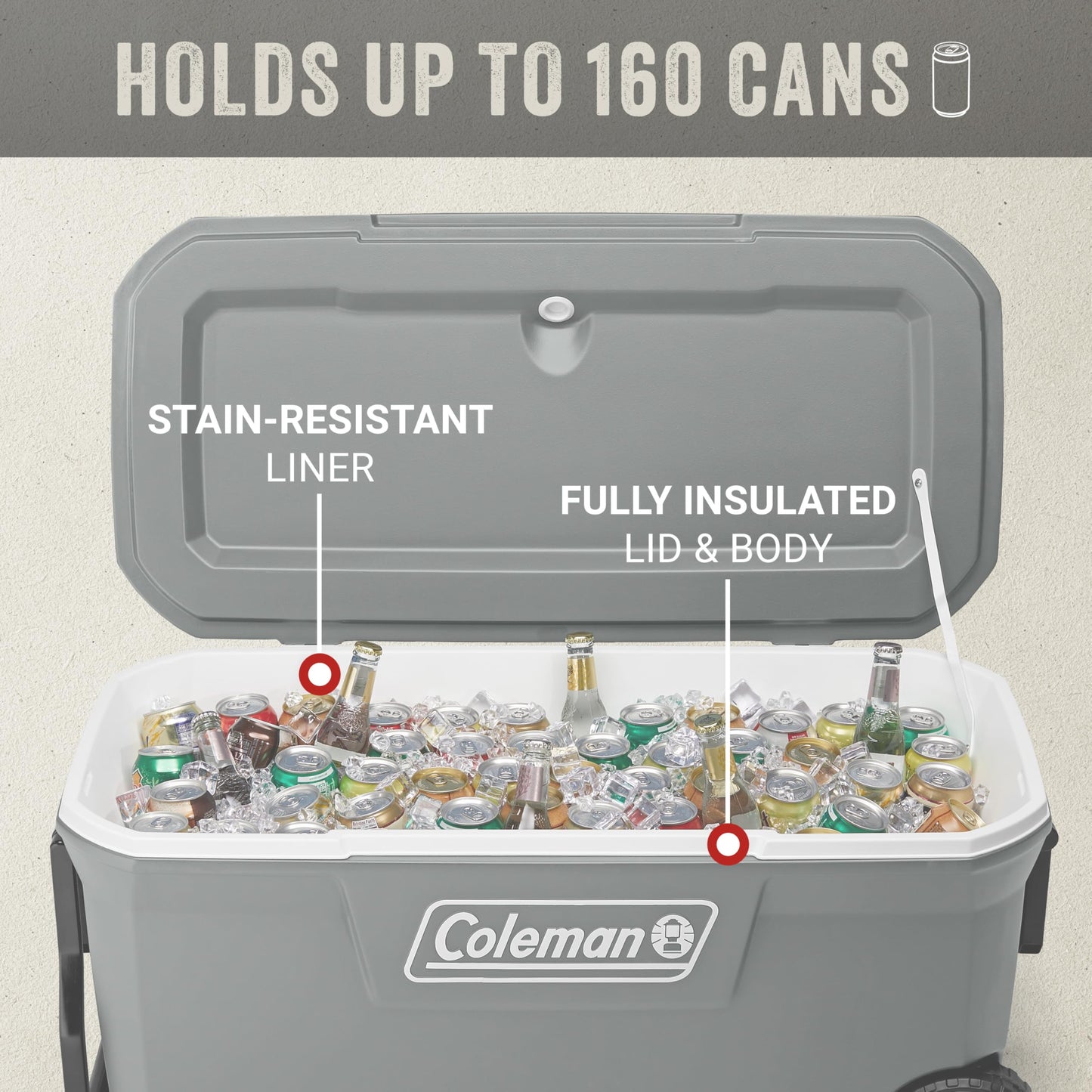 Coleman Classic Series Insulated Portable Rolling Cooler with Wheels, Leak-Resistant Outdoor Hard Cooler Keeps Ice up to 5 Days, 100-Quart