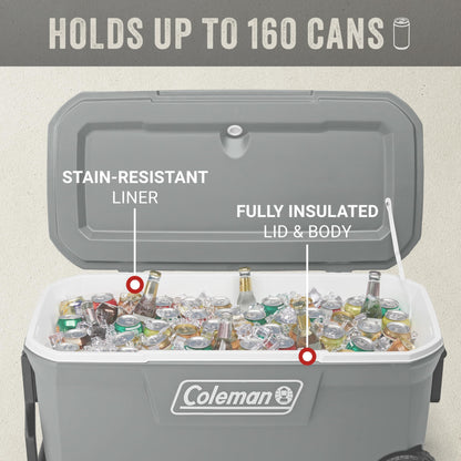 Coleman Classic Series Insulated Portable Rolling Cooler with Wheels, Leak-Resistant Outdoor Hard Cooler Keeps Ice up to 5 Days, 100-Quart
