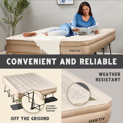Oaktiv Queen Air Mattress with Frame, Self Inflating/Deflating Bed for Adults - PeakRest Blow Up Bed, Camping Cot with Mattress - Portable with Travel Rolling Case on Wheels
