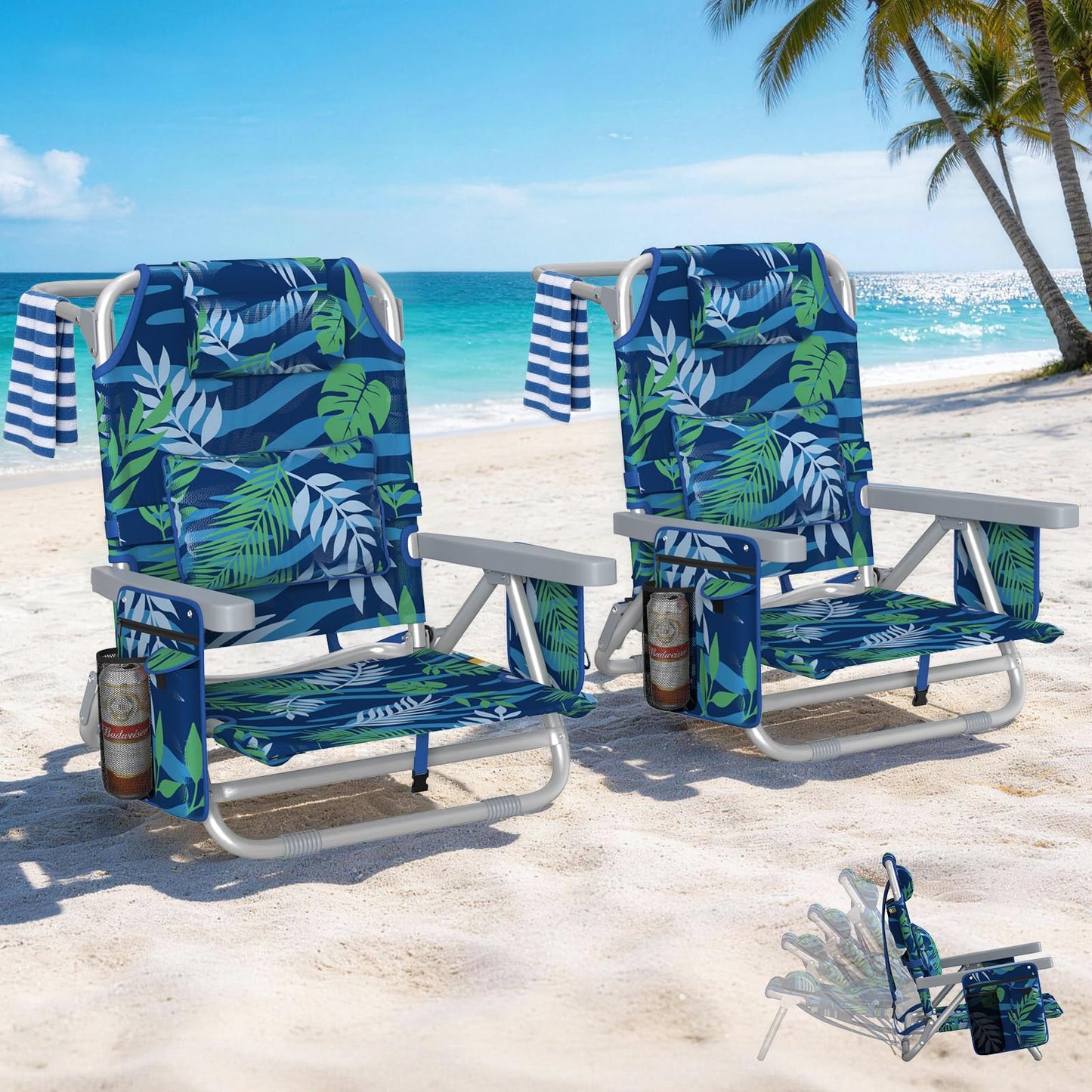 5-Position Backpack Beach Chairs for Adults, Foldable Heavy-Duty Beach Chair with Lumbar,Cooler Bag,Cup Holder,Towel Rack for Beach, Camping, Outdoor(2Pack)