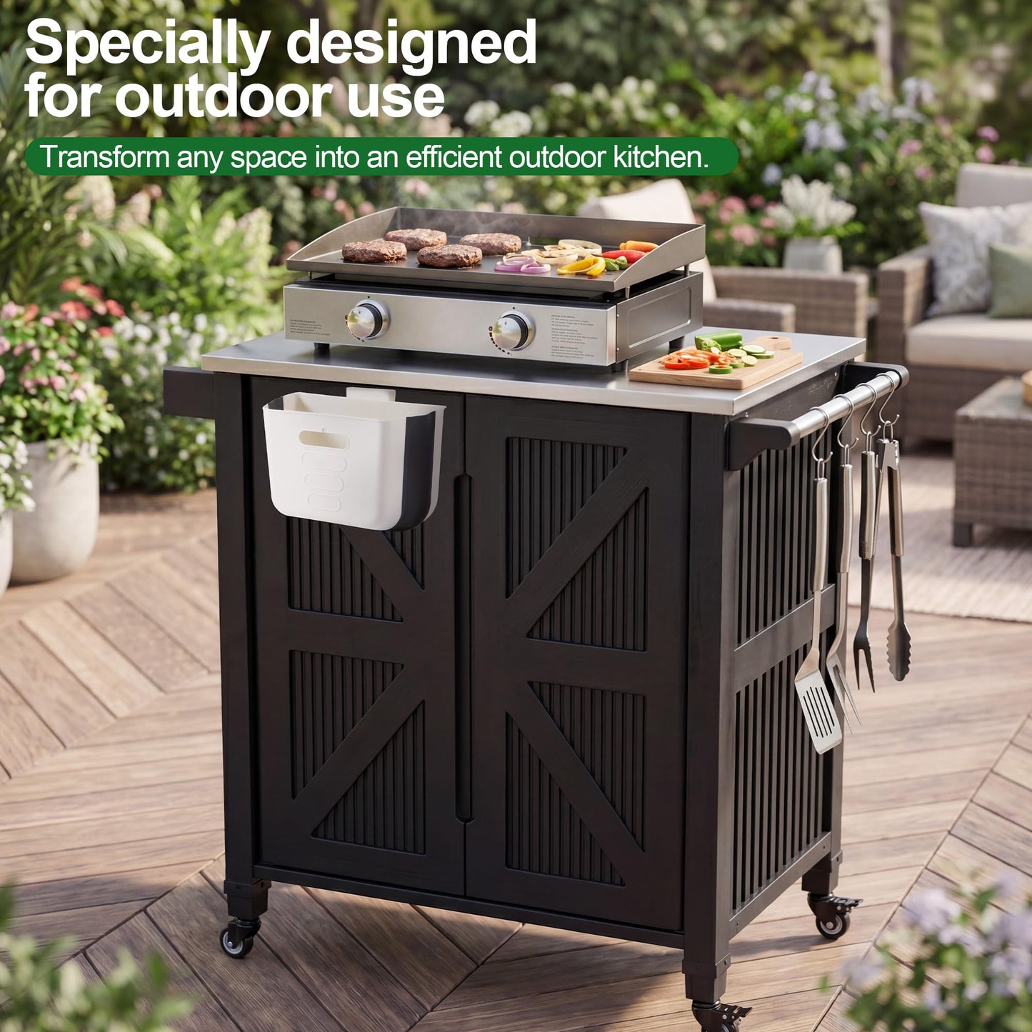 Nice C Grill Cart with Wheel, Outdoor Kitchen Island, Outdoor Grill Station Bar Cart with Stainless Steel Tabletop, Dining Cart Table Storage Cabinet, Grill Table for BBQ Food Prep