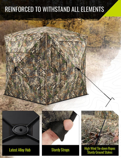 TIDEWE Hunting Blind 360°See Through with Large Open Door, Pop Up Ground Blind with Removable Curtain & Carrying Bag, Portable Resilient Tent(Forest Fade Camo, 2-3 Person, 4-Sided Swing Door)