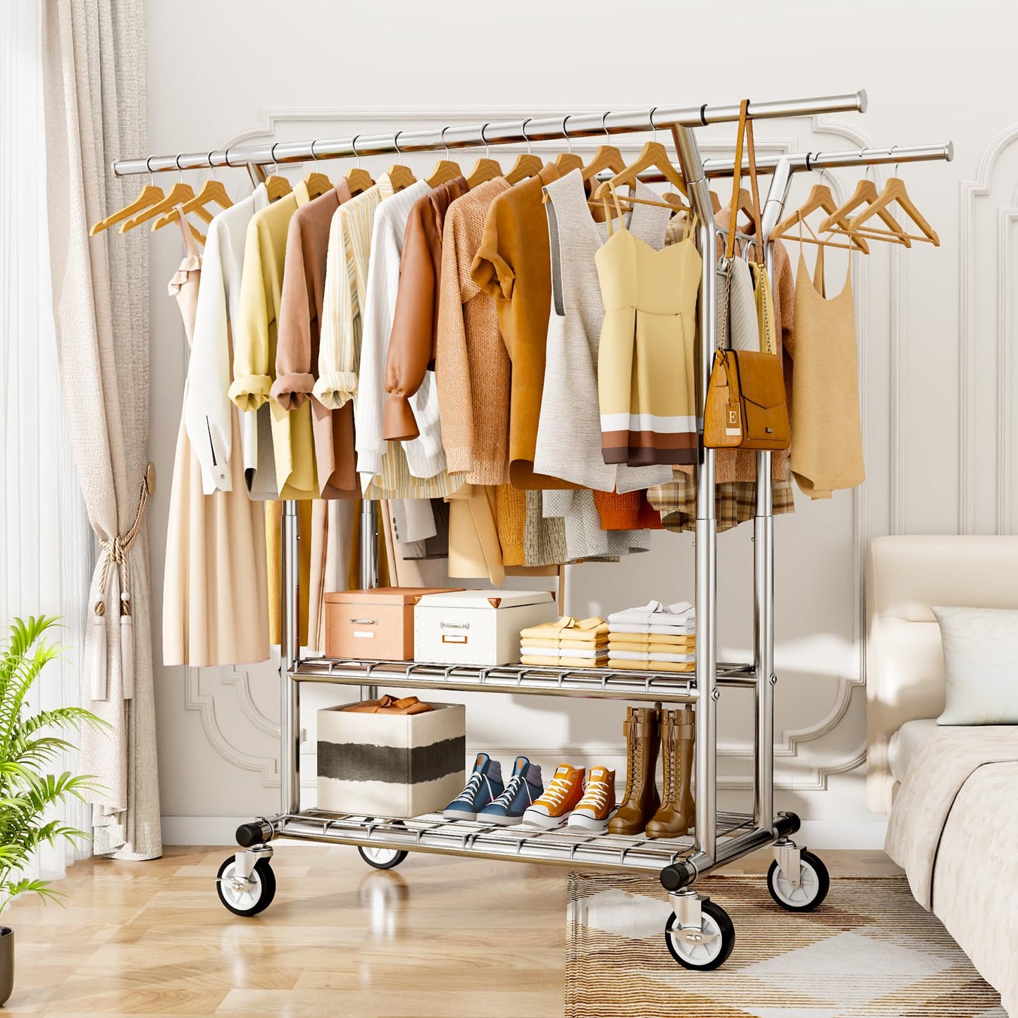 HYSEYY Heavy Duty Clothes Rack, Rolling Clothing Rack With Shelves Load 620 LBS, Double Rod Clothing Racks for Hanging Clothes, Portable& Adjustable Clothes Rack with Wheels Garment Rack