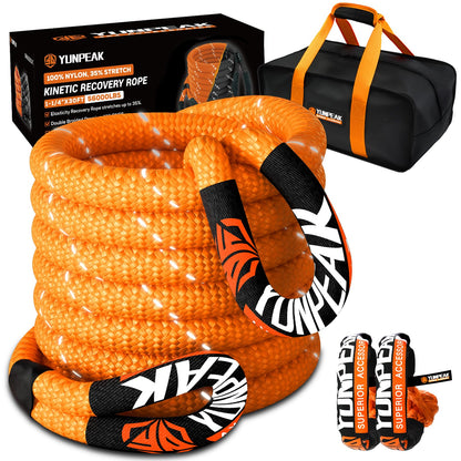 YUNPEAK 1.26" x 30ft Heavy-Duty Kinetic Recovery Rope – 56,000lbs Break Strength – Includes 2 Ultra-Strong UHMWPE Soft Shackles – Ideal for Trucks, SUVs, Jeeps, UTVs, ATVs & Tractors (Orange)