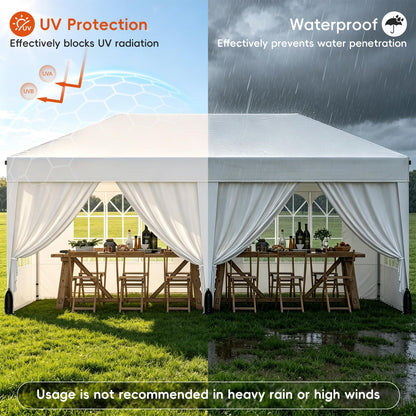 Driftalia 10x20 Pop up Canopy Tent with 6 Sidewalls, Outdoor Canopy with Windows & Roller Bag, Party Tent for Commercial Events, Weddings, Camping - White