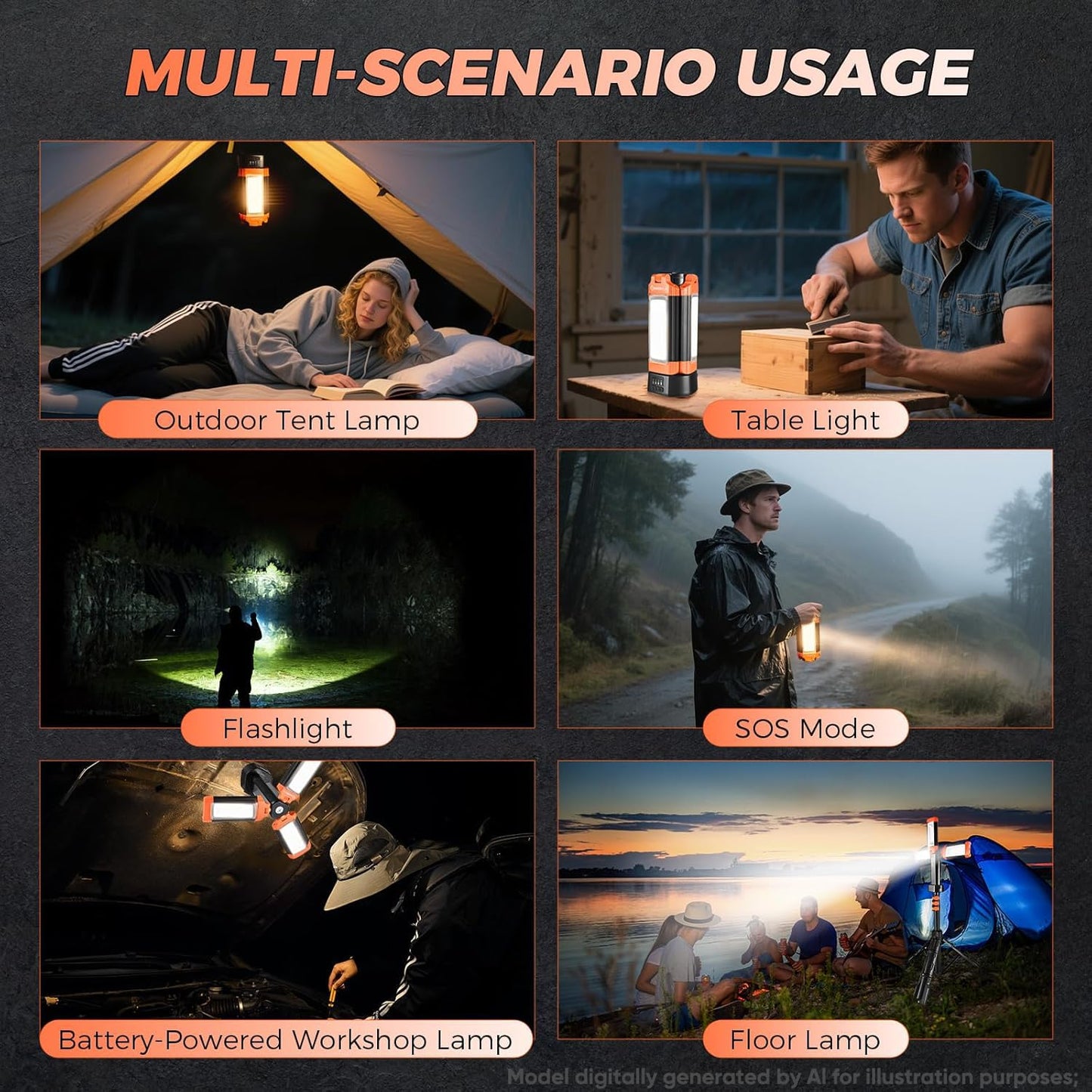 SakerPlus Portable Camping Light with Stand, 20000mAh Outdoor Work Light 800-3200 Lumen, 6.1ft Height with Detachable Tripod, 3300-6500K Dimmable LED, Camping Essentials Gear Emergency Flashlight