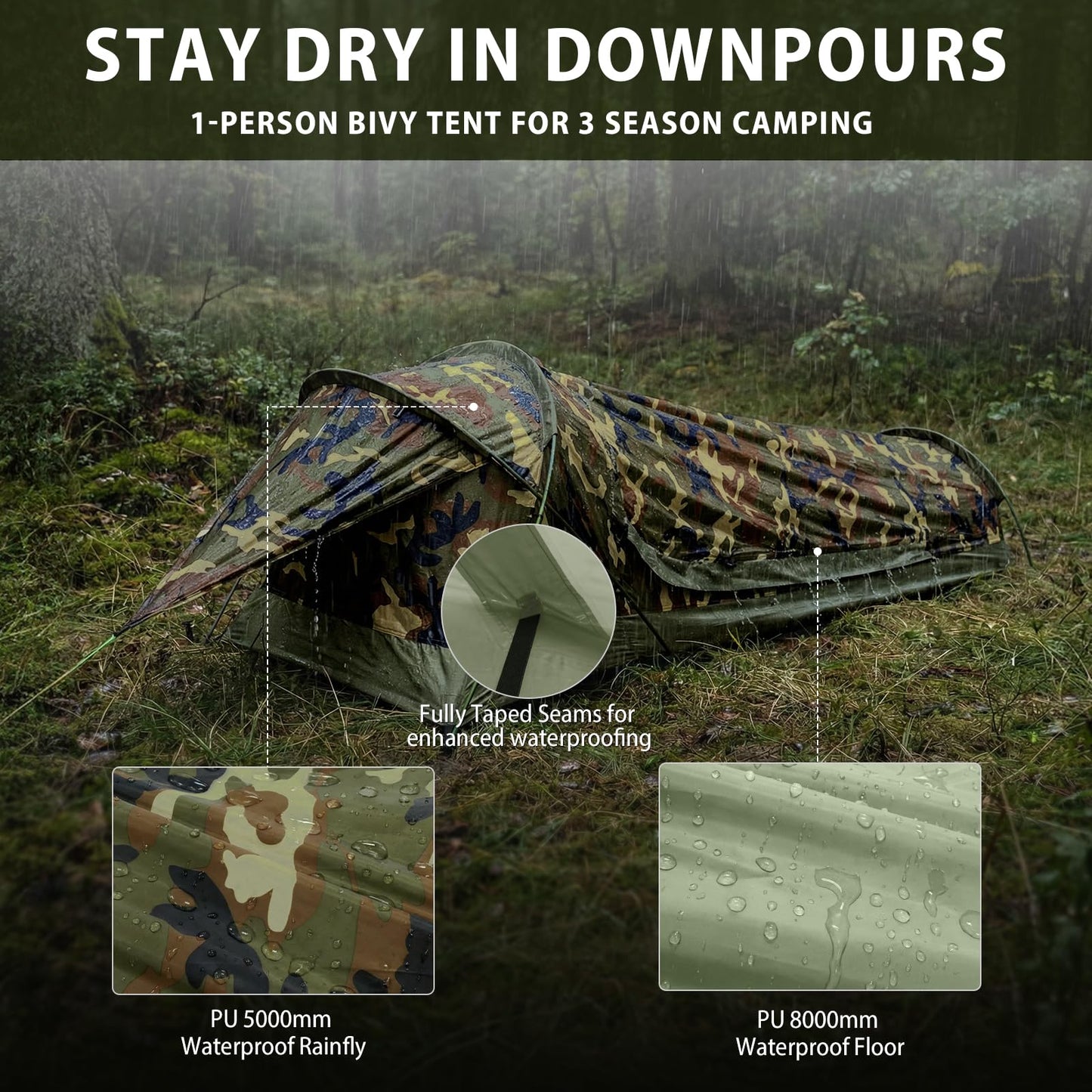 GEERTOP Ultralight 1 Person Bivy Tent for Camp Waterproof Single Man Tent for Camping Hiking Backpacking Hunting Outdoor Survival Gear - Easy Set Up