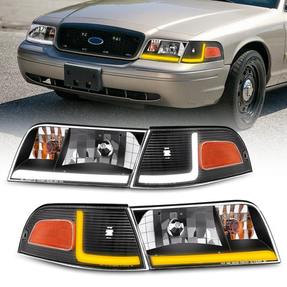 XGWZ Headlight Assembly LED DRL Compatible with 1998-2011 Ford Crown Victoria 98-11 Ford Crown Victoria w/Corner Headlamp (Black Housing Amber Reflector, B)