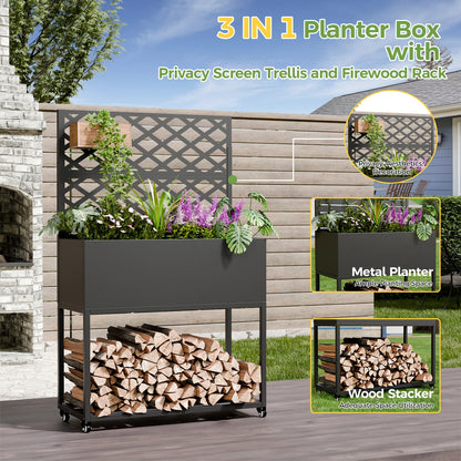 Metal Planter Box with Trellis, 3 in 1 Raised Garden Bed with Trelli & Firewood Rack, Privacy Planter Screen for Climbing Plants, Vine, Outdoor Garden Standing Beds with Drainage Holes, Wheels,Black