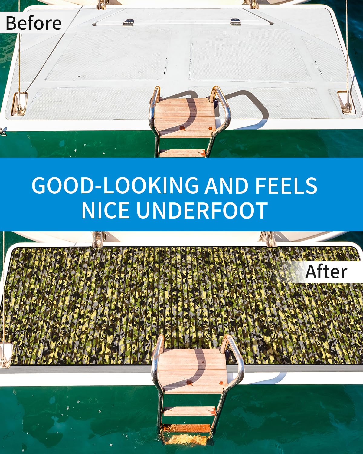 OCEANBROAD Self-Adhesive 96''x47'' Camouflage Boat Flooring Strip Cut Grooves EVA Foam Sheet Non-Slip Traction Pad for Boats Decking Surfboard SUP Paddle Board Kayak, Camo Green