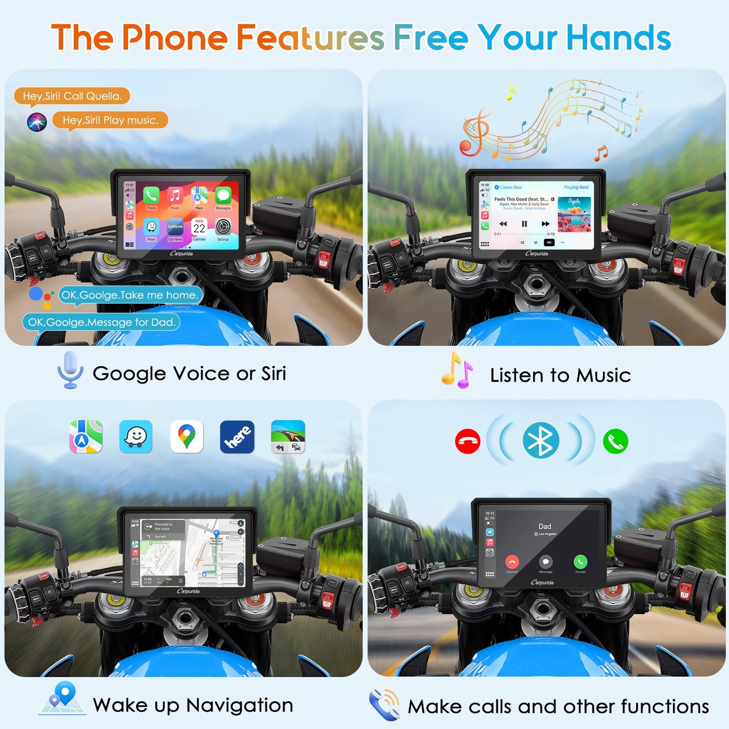 Carpuride W502PRO for Motorcycle CarPlay& Android Auto& Dual Bluetooth - 5" Waterproof GPS Navigation Screen for Motorbike, Music Sharing, Intercom, EQ, Light Sensor, Compass, Barometer