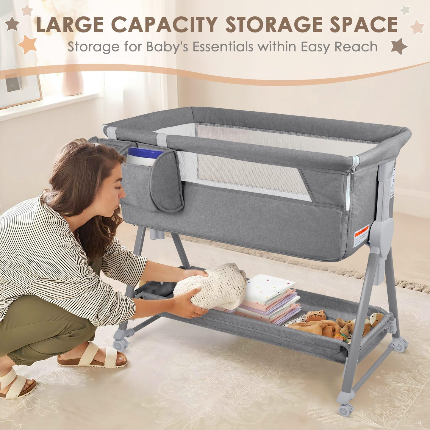 BIERUM Baby Bassinet for Baby - 7 Height Adjustable Bedside Bassinet with Lockable Wheels, Easy to Assemble Portable Bedside Crib with Large Storage Bag & Mattress for Newborn/Infant